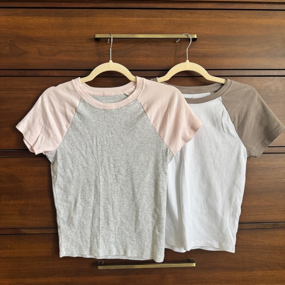 Hollister Raglan Baby Tee Set Pink & Heather Gray & White with Taupe Sleeves